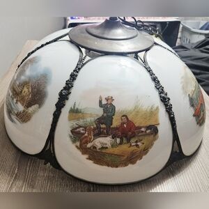 Rare Antique 19" Currier & Ives postcard scenes hanging lamp or table lamp shade